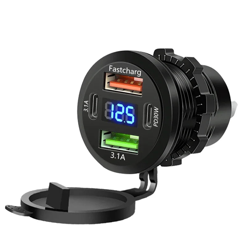 96W 4-Port Car Charger Socket, Dual USB-C & QC3.0 12V/24V