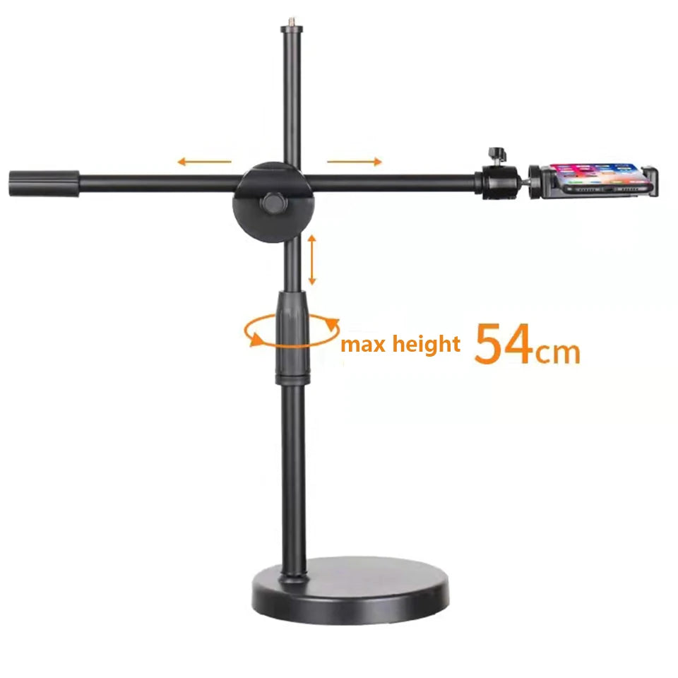 Overhead Tabletop Tripod with Boom Arm & Phone Holder – Photography Stand