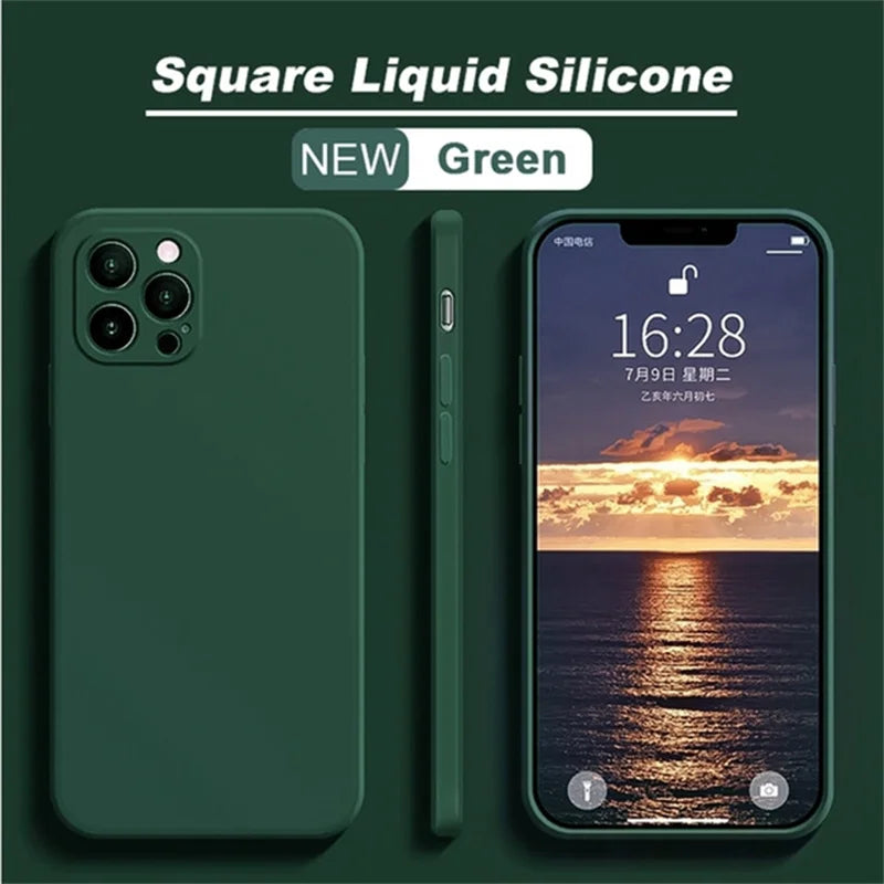 Square Liquid Silicone iPhone Case | Camera Lens Protection Matte Cover iPhone 15–11 XS XR X