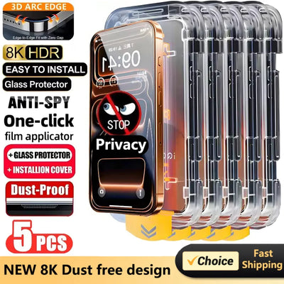 5-Pack Dust-Free Privacy Screen Protector iPhone 17 Air 16E 16 15 14 13 12 11 Pro Max Oleophobic Glass