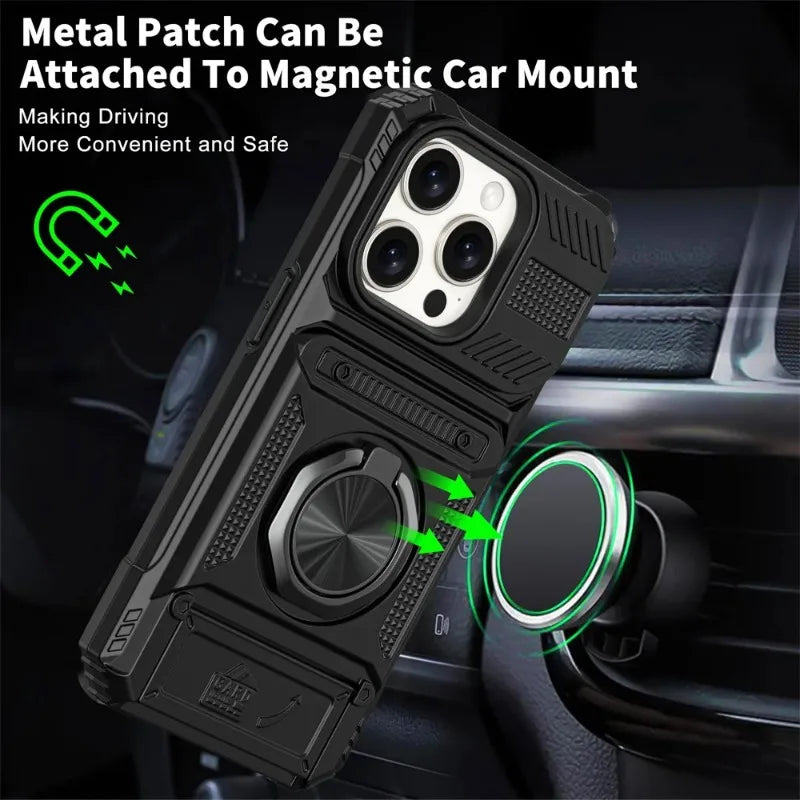 Heavy Duty Magnetic Ring Kickstand Wallet Case with Magsafe & 360° Stand