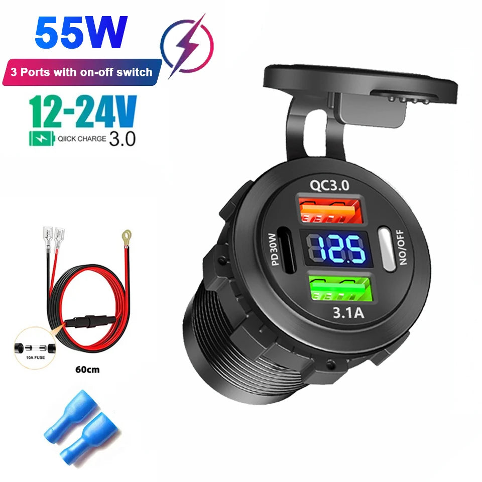 96W 4-Port Car Charger Socket, Dual USB-C & QC3.0 12V/24V