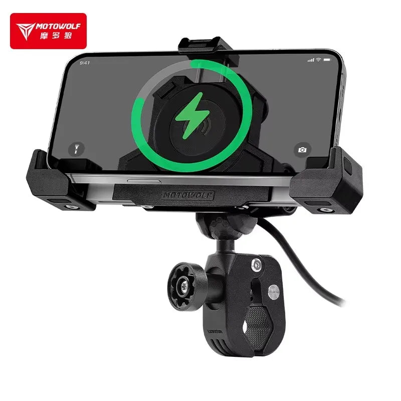 MOTOWOLF Motorcycle Phone Holder – Wireless Charging 360° Aluminum GPS Mount