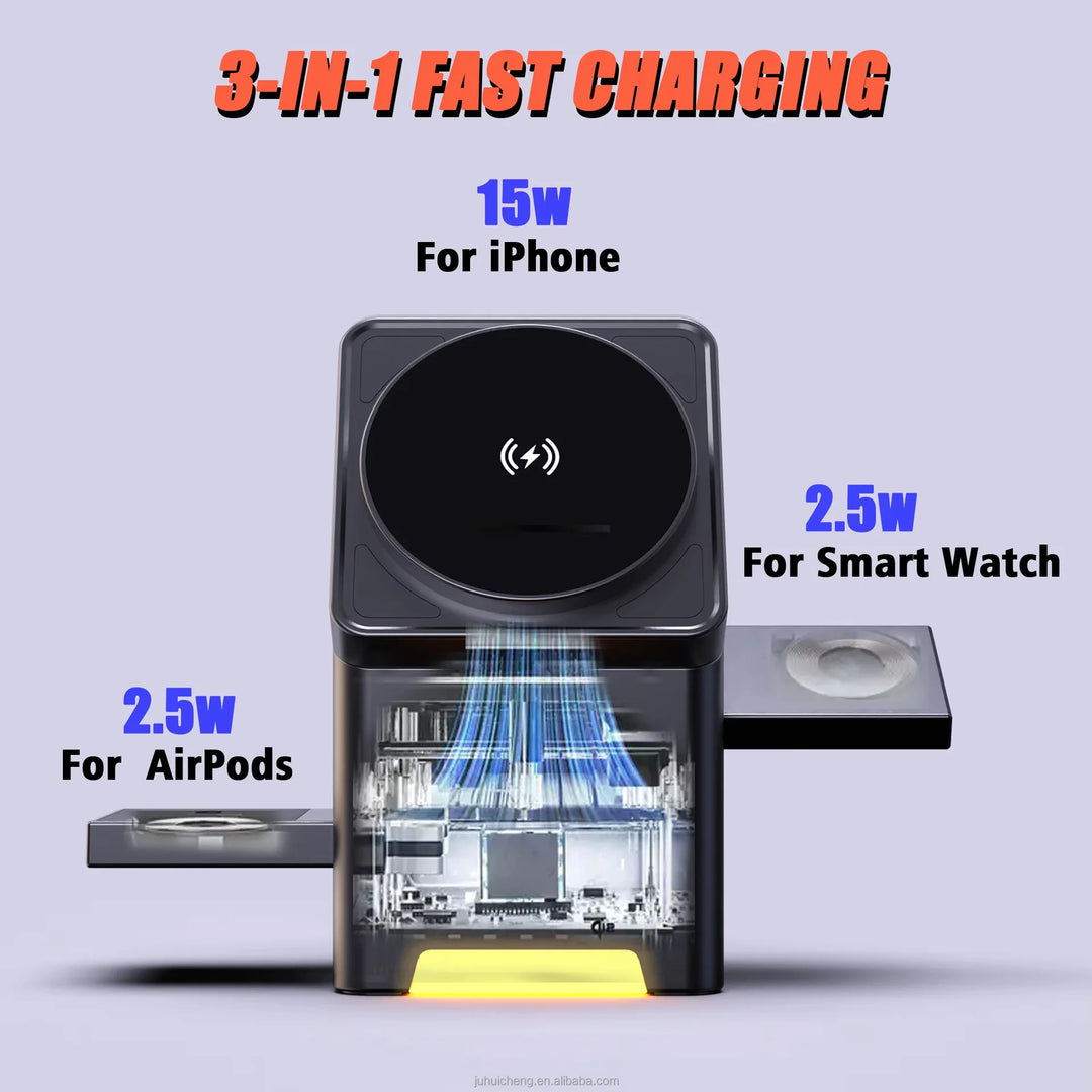 3-in-1 Wireless Charger for iPhone, Watch & AirPods - Fast 15W Station