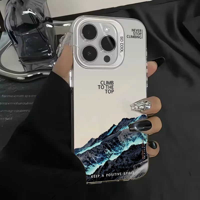 Snow Mountain Sunset Landscape Phone Case for iPhone 11-17 Pro Max – Electroplate Silver