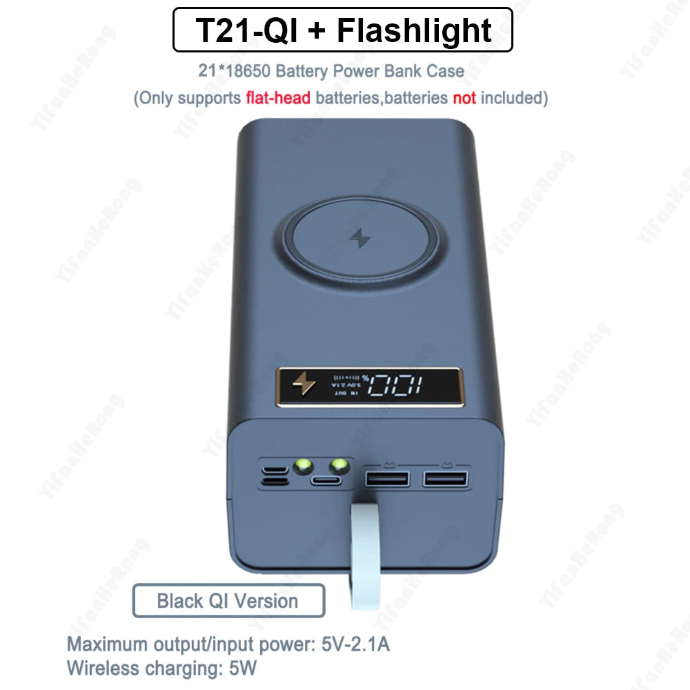 21x18650 DIY Power Bank Case with Flashlight & Wireless