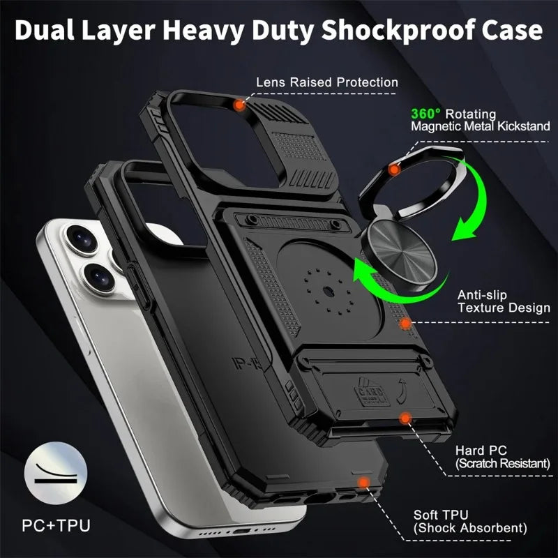 Heavy Duty Magnetic Ring Kickstand Wallet Case with Magsafe & 360° Stand