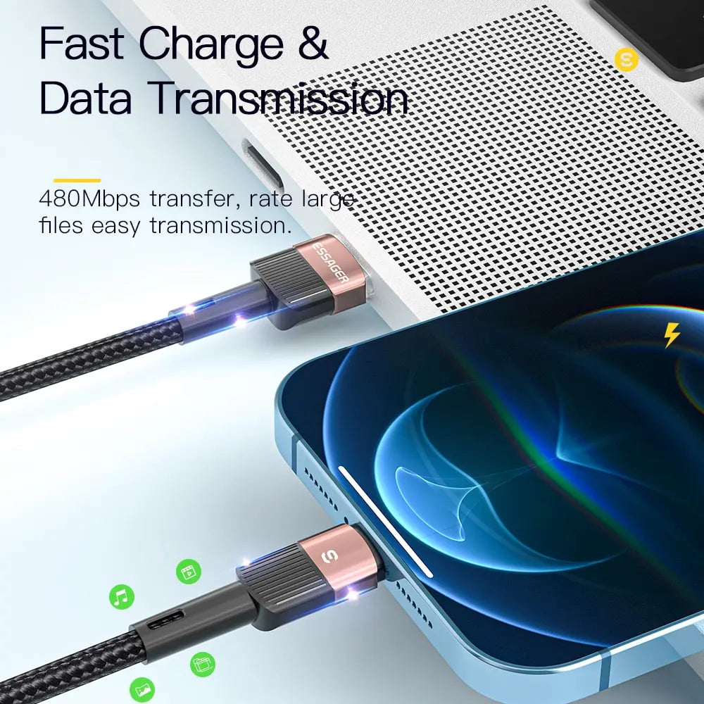 ESSAGER 2.4A Lightning iPhone Cable | Fast Charging Braided Cord iPhone 13 12 11–5 XR XS SE