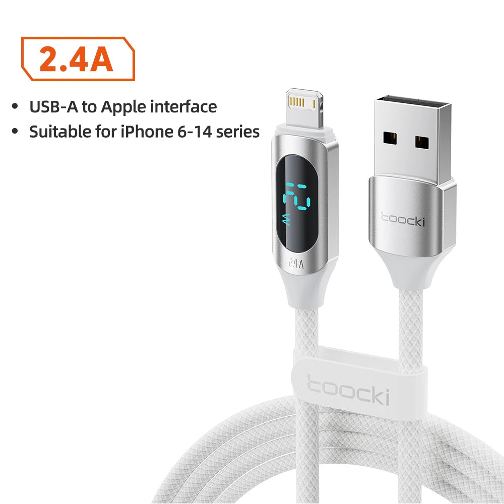 Toocki LED Display iPhone Cable | 2.4A Fast Charging Lightning Braided Cord 1m 2m iPhone 14–7