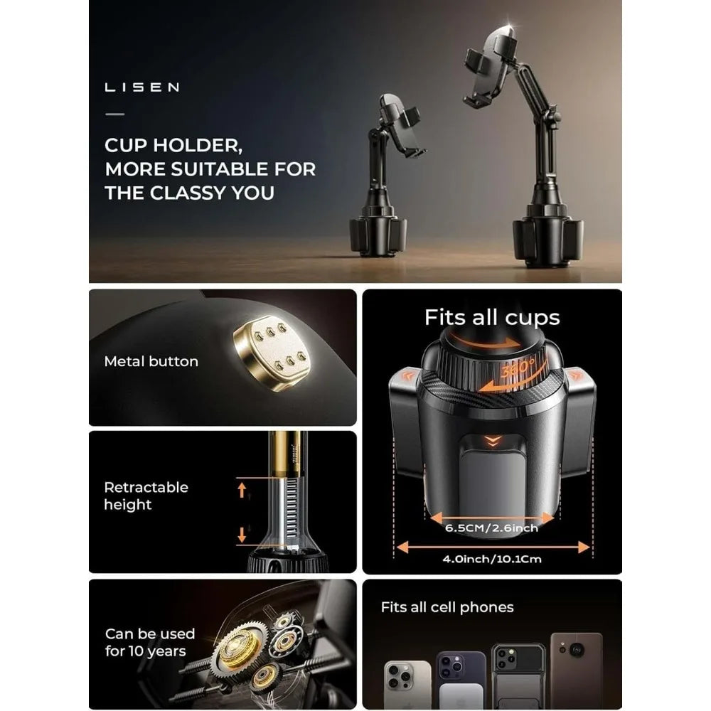 Cup Holder Phone Mount for Car & Golf Cart, 360-Degree Rotating