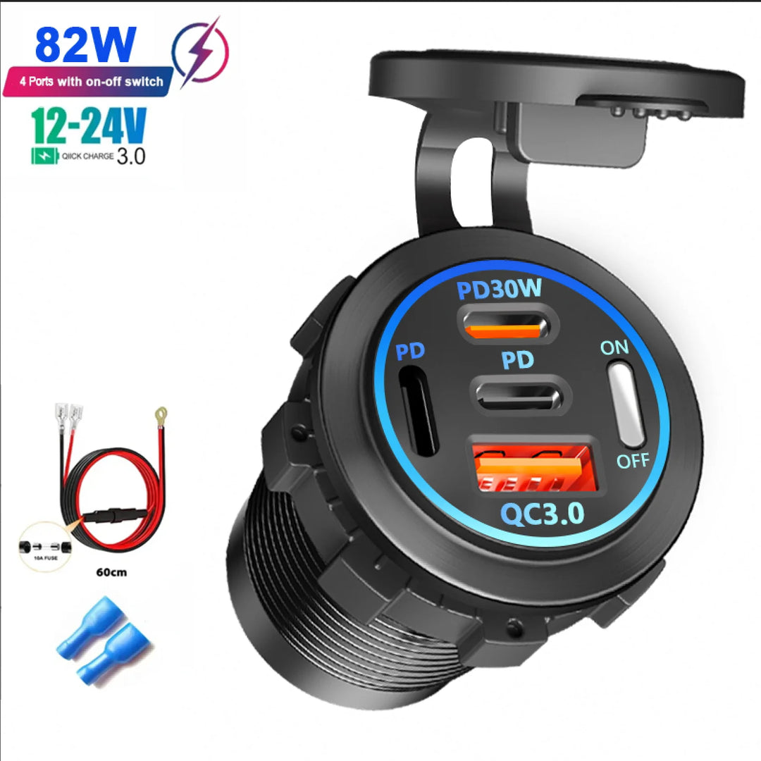 96W 4-Port Car Charger Socket, Dual USB-C & QC3.0 12V/24V