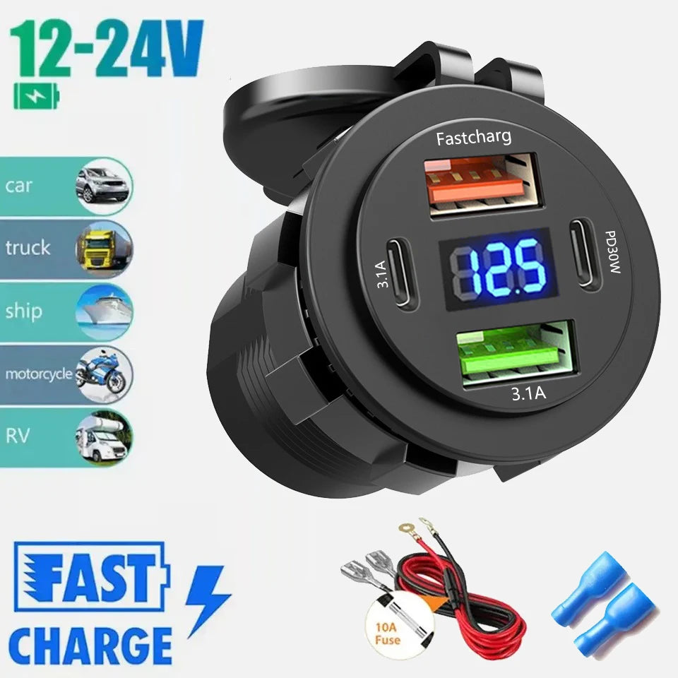 96W 4-Port Car Charger Socket, Dual USB-C & QC3.0 12V/24V
