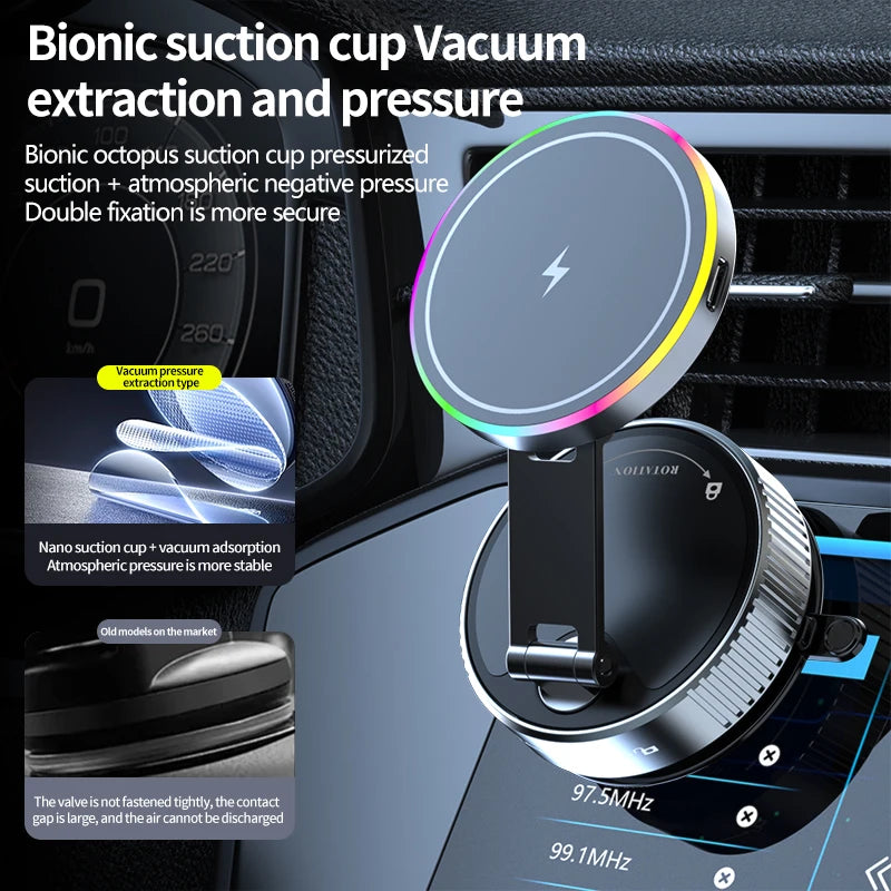 KEBETEME 15W Wireless Charging Car Mount – Vacuum Suction Magnetic Phone Holder