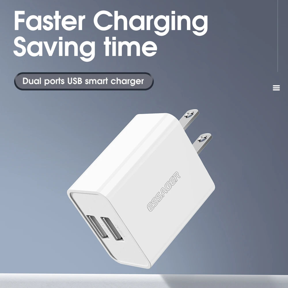 Dual USB Wall Charger 10W by Essager US Plug Travel Adapter Compatible with iPhone and Android