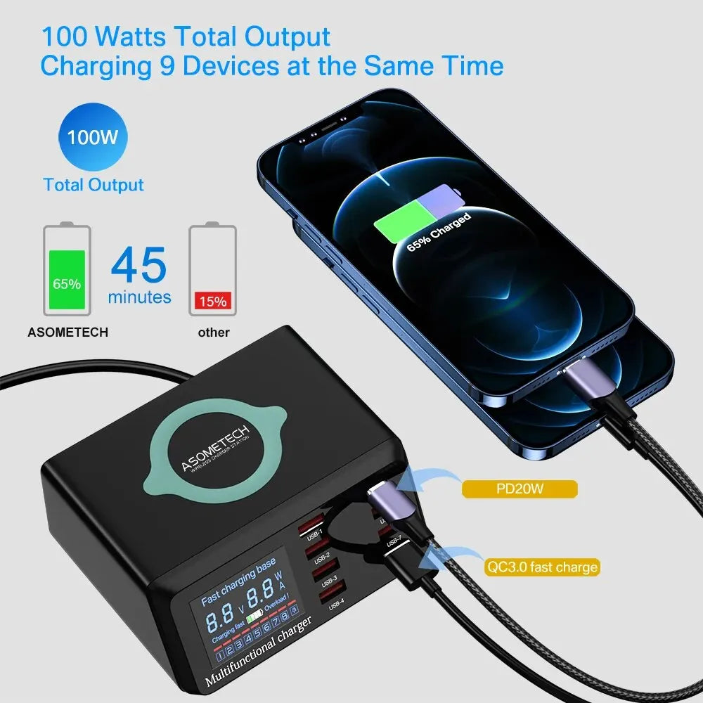 ASOMETECH 100W 8-Port USB Charging Station Wireless