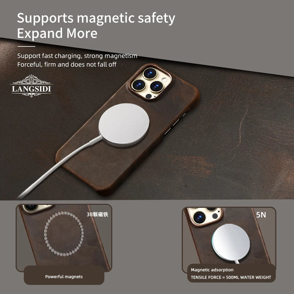 LANGSIDI Full Grain Leather MagSafe Case for iPhone 15 Pro Max & 16