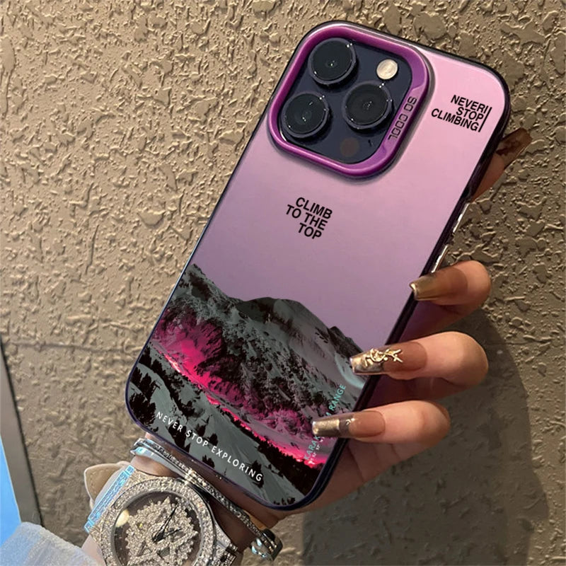 Snow Mountain Sunset Landscape Phone Case for iPhone 11-17 Pro Max – Electroplate Silver