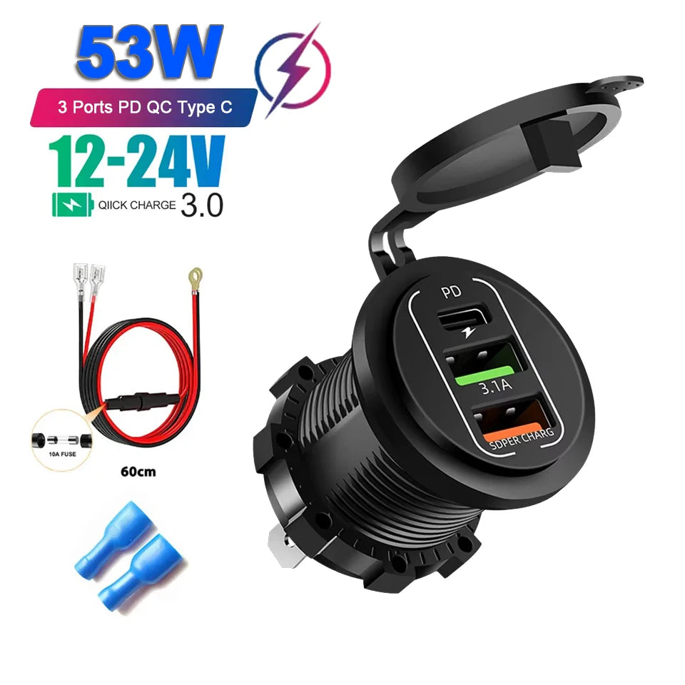 96W 4-Port Car Charger Socket, Dual USB-C & QC3.0 12V/24V