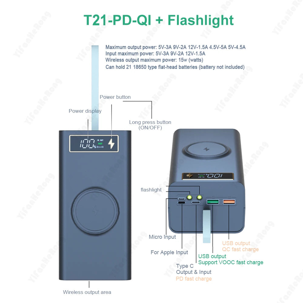 21x18650 DIY Power Bank Case with Flashlight & Wireless