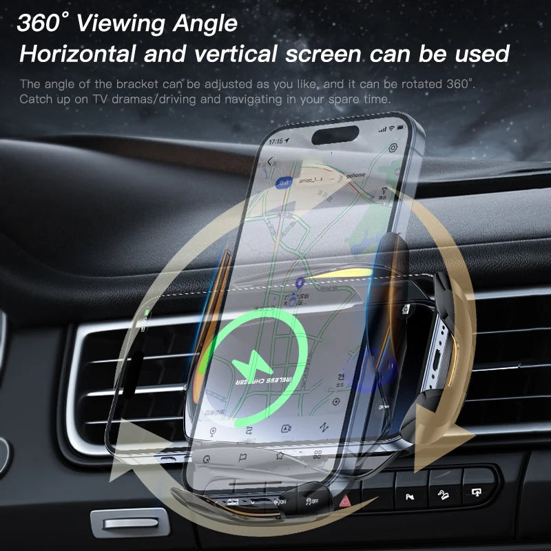 Wireless Charging Car Phone Mount – 360° Rotating Air Vent Holder with USB