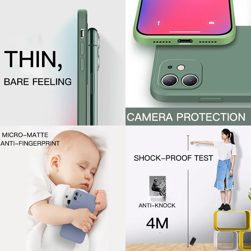 Square Liquid Silicone iPhone Case | Camera Lens Protection Matte Cover iPhone 15–11 XS XR X