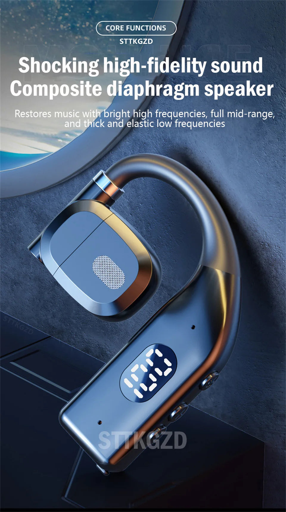 STTKGZD Bluetooth 5.3 Open-Ear Helmet Headset with ENC Noise Reduction LED Display