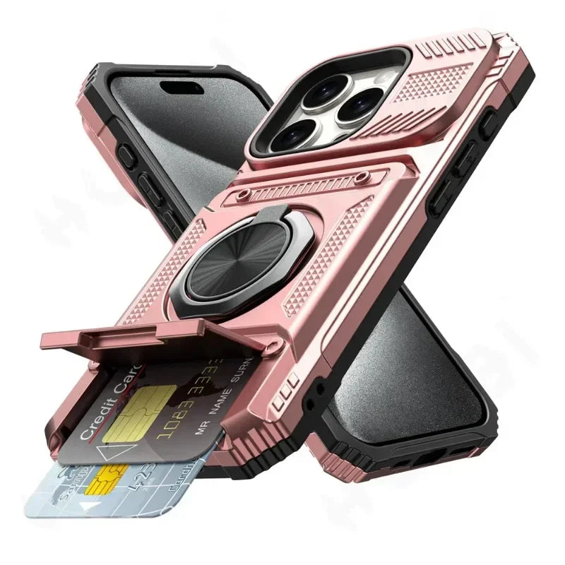 Heavy Duty Magnetic Ring Kickstand Wallet Case with Magsafe & 360° Stand