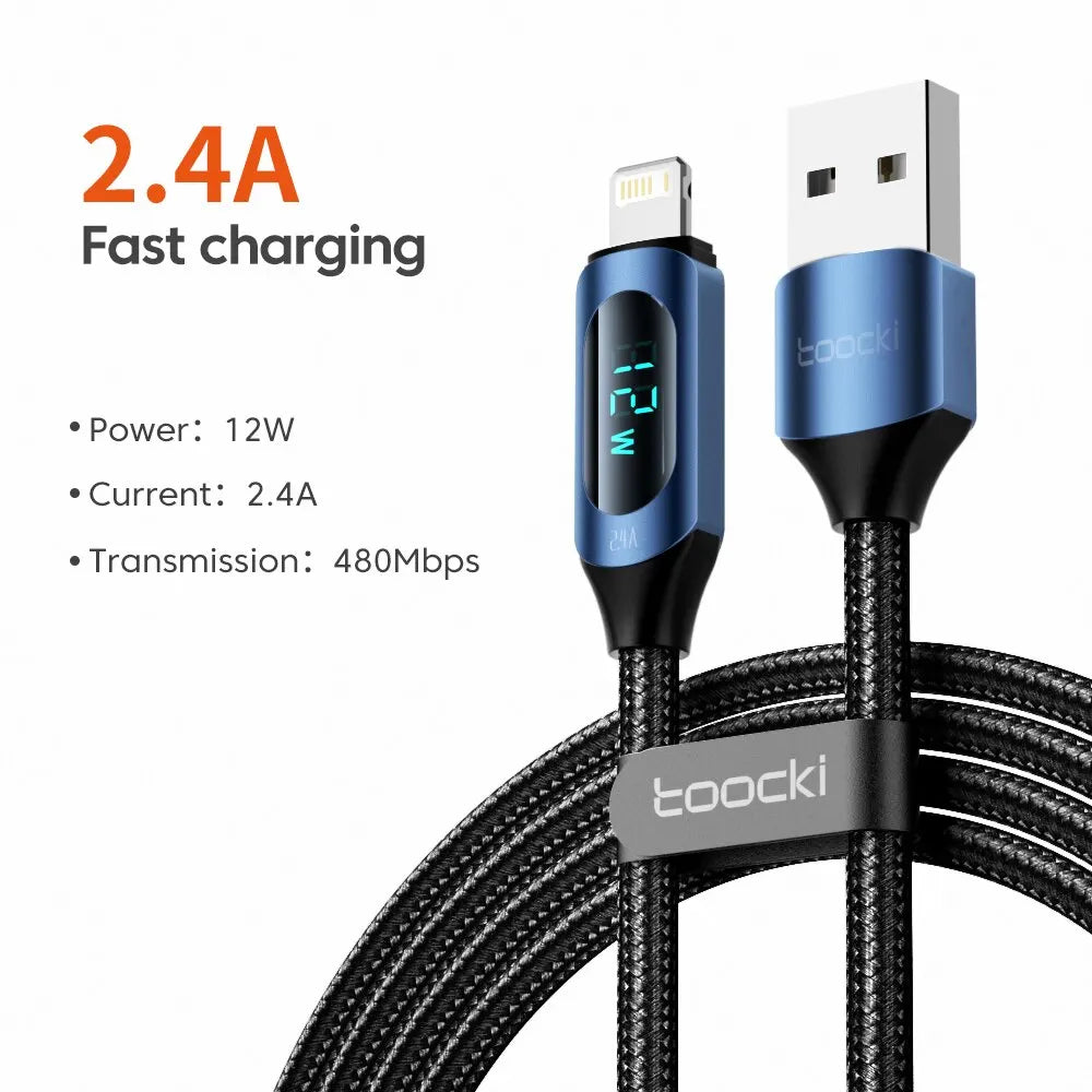 Toocki LED Display iPhone Cable | 2.4A Fast Charging Lightning Braided Cord 1m 2m iPhone 14–7