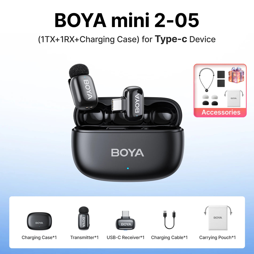 BOYA Mini 2 Wireless Lavalier Mic | AI Noise Cancellation 24-Bit for iPhone Android