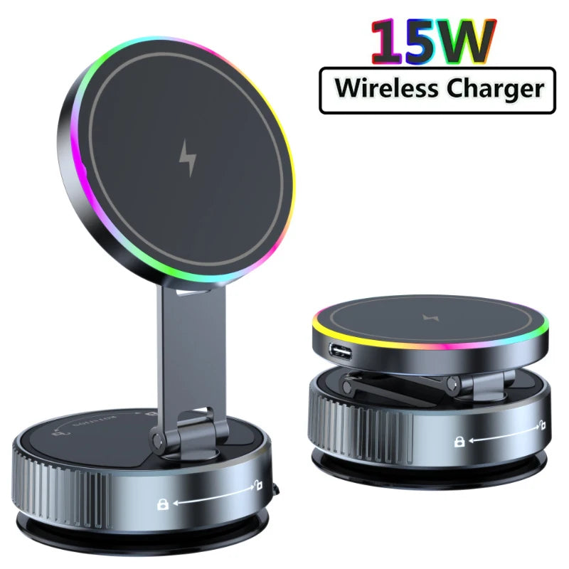 KEBETEME 15W Wireless Charging Car Mount – Vacuum Suction Magnetic Phone Holder