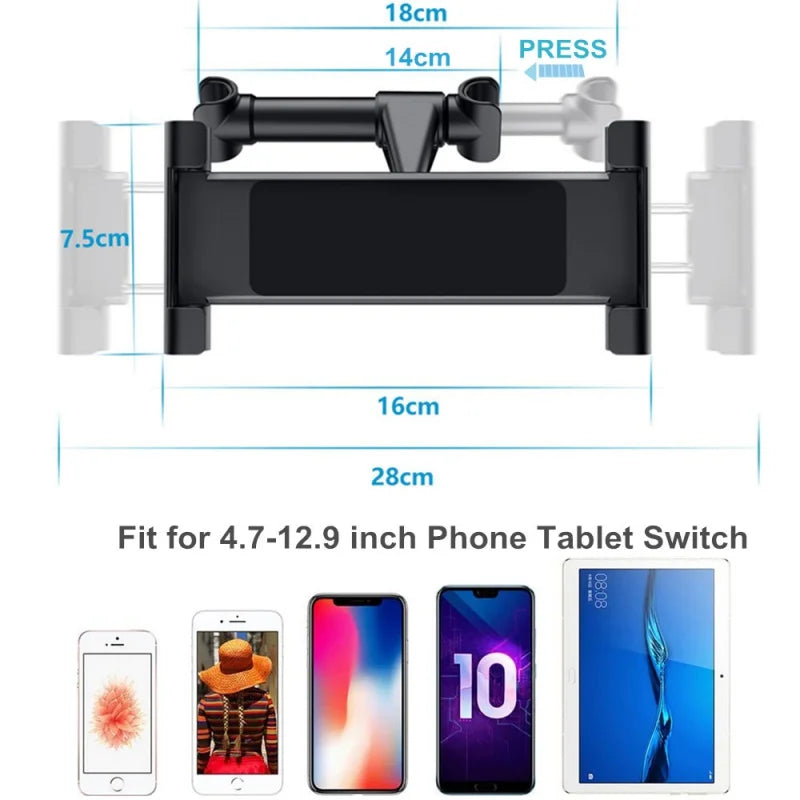 Car Headrest Tablet Phone Mount – Back Seat Holder for iPad & 4.7–13" Devices