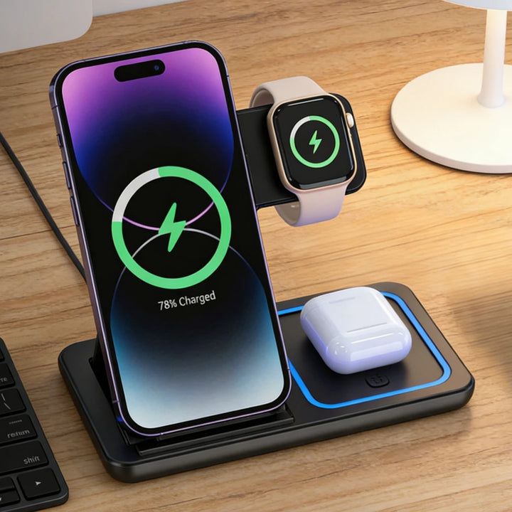 VIKEFON 3 in 1 Foldable Wireless Charging Station | 15W Fast Charger for iPhone 17 iWatch AirPods