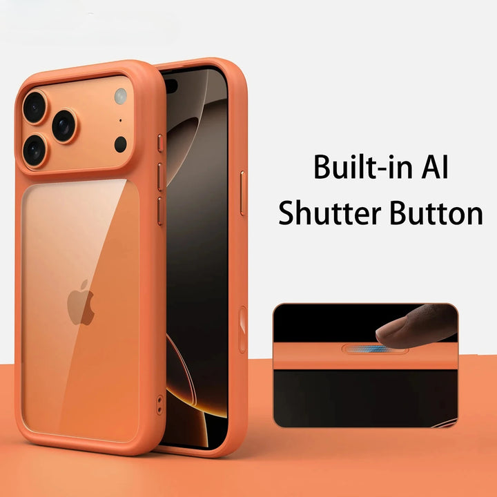 Luxury Orange Matte Transparent iPhone 17 Pro Max Case | Metal Buttons Shockproof Cover