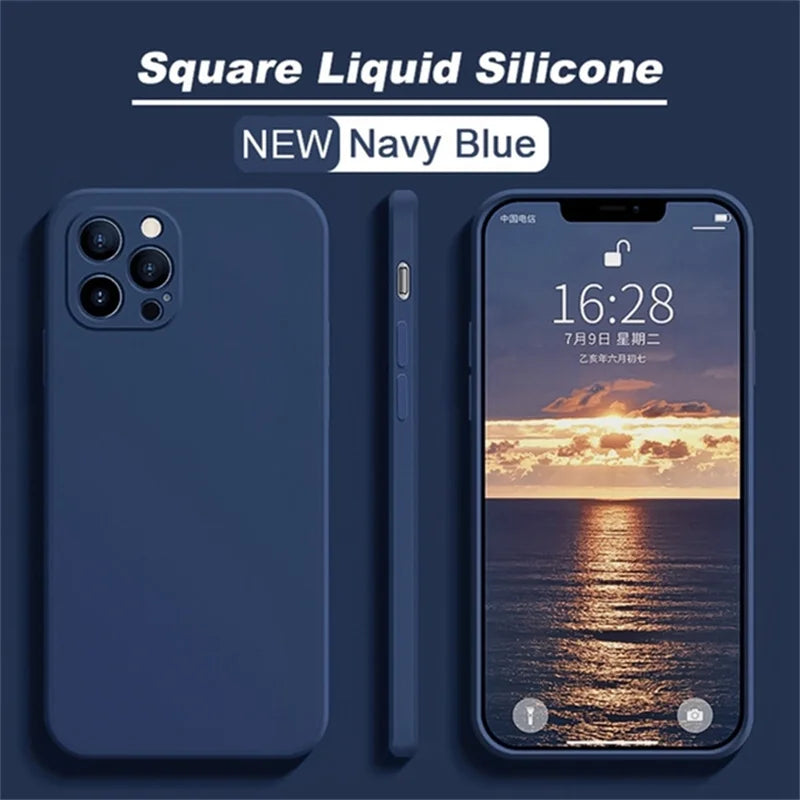 Square Liquid Silicone iPhone Case | Camera Lens Protection Matte Cover iPhone 15–11 XS XR X