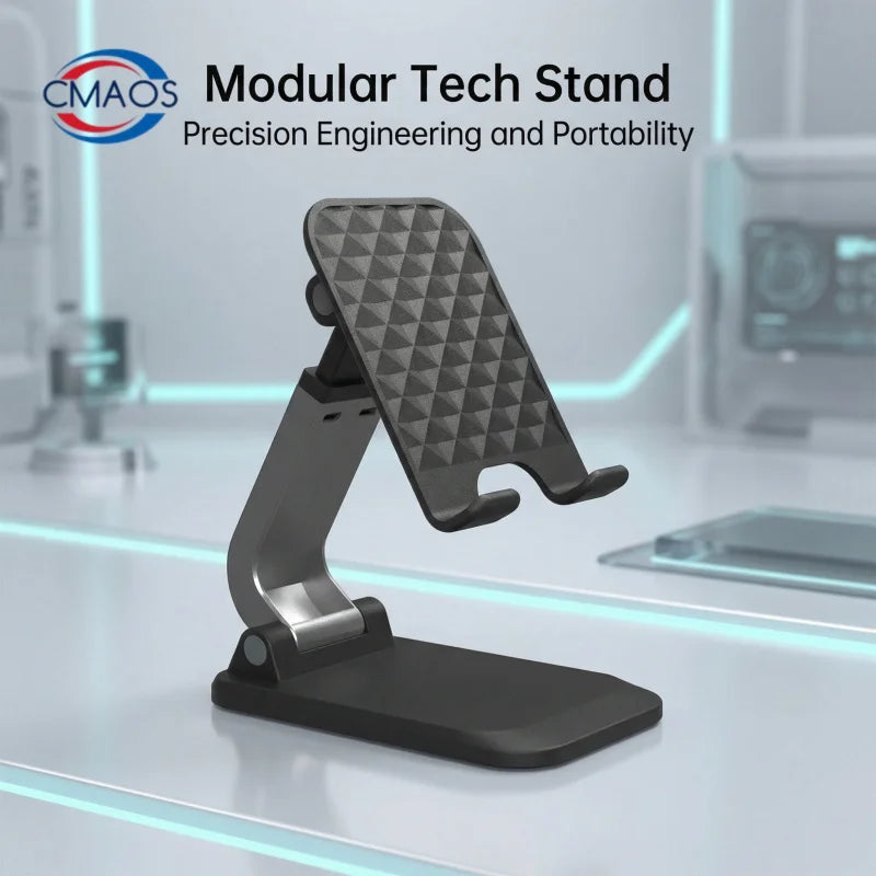 Folding desk phone and tablet stand in dark gray with patterned back panel and wide flat base
