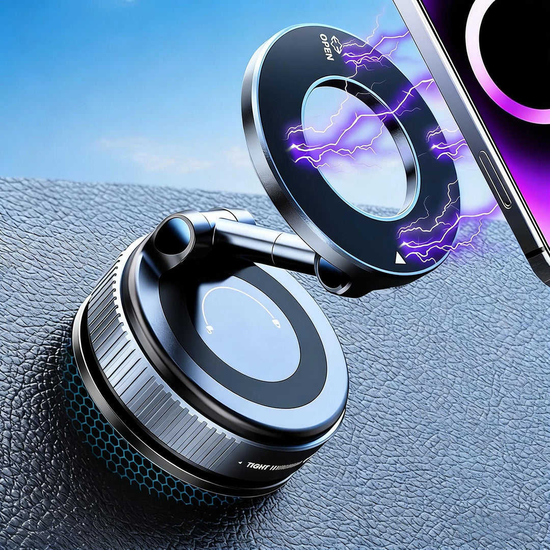 Magnetic suction cup car phone mount with folding hinge and circular magnetic ring