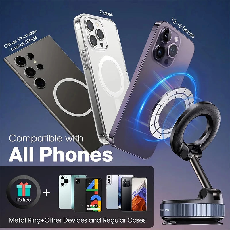 Magnetic Car Phone Holder, Foldable 360 Suction Mount