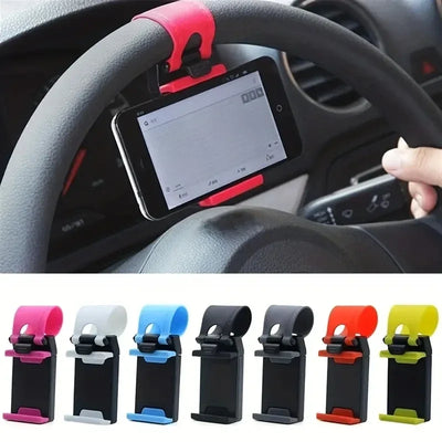 Steering wheel phone holder clip on a car wheel holding a phone in landscape, with color options