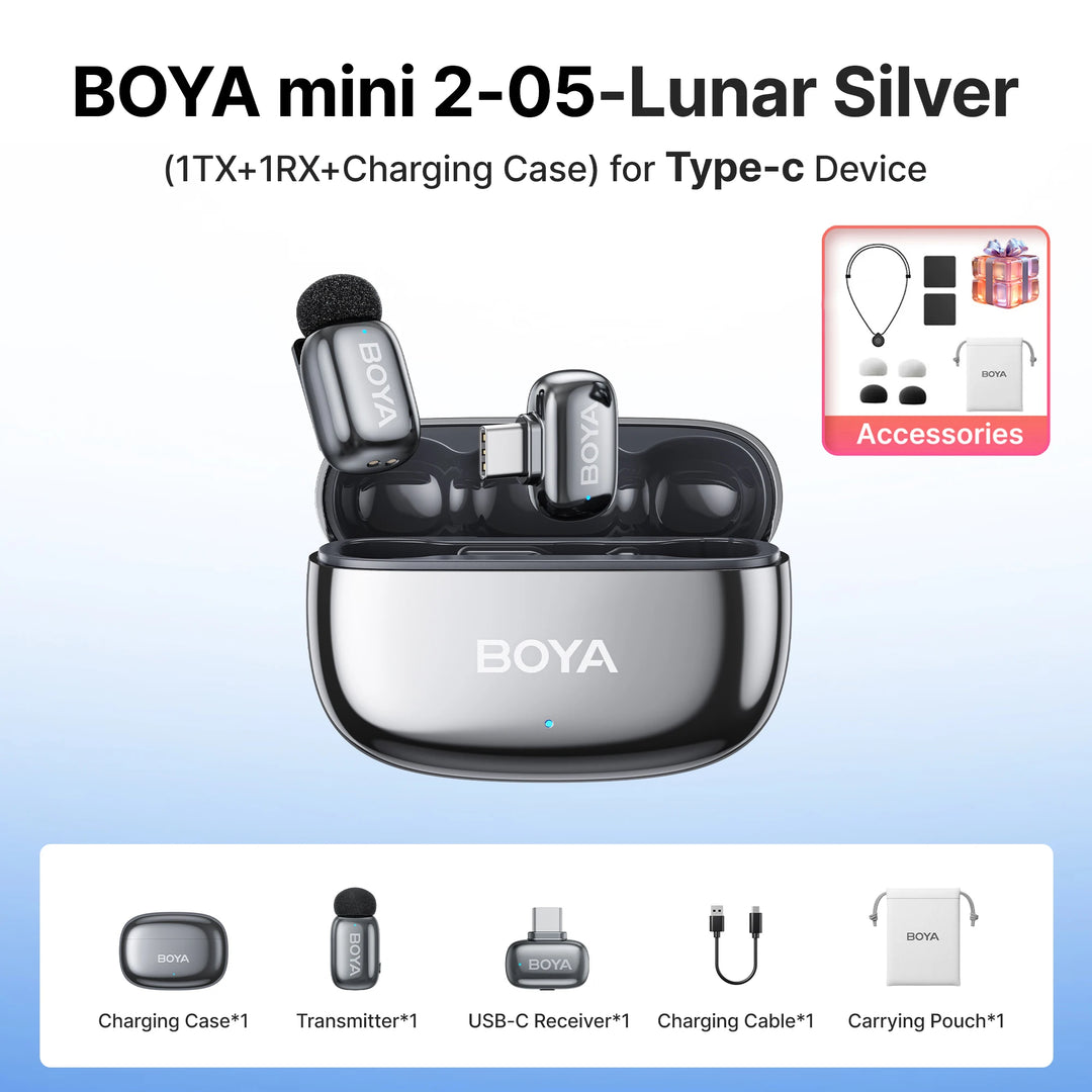 BOYA Mini 2 Wireless Lavalier Mic | AI Noise Cancellation 24-Bit for iPhone Android