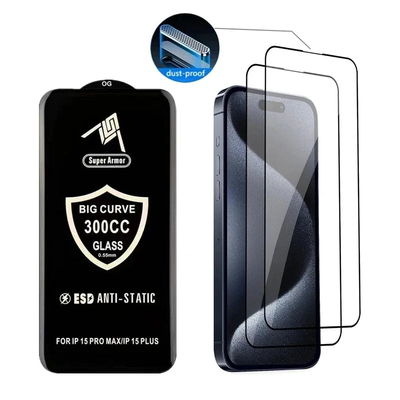 2-pack 300CC big curve ESD anti-static tempered glass for iPhone 17 16 15 14 13 12 11 X XR XS Pro Max. HD clear, anti-scratch, anti-shatter. Free shipping!