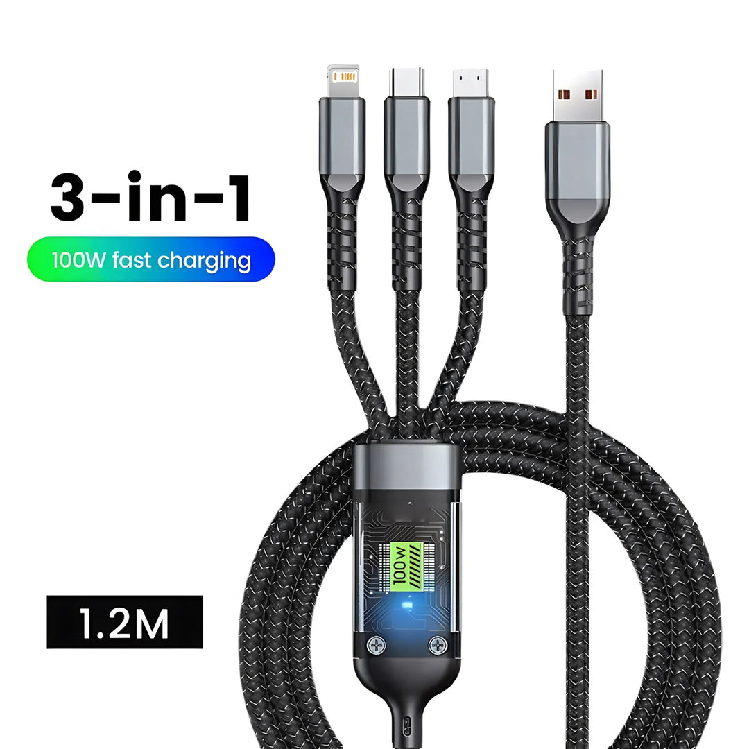 BESY 3-in-1 100W USB-A Cable | Fast Charging Type-C Lightning Micro USB Cord iPhone Samsung Xiaomi