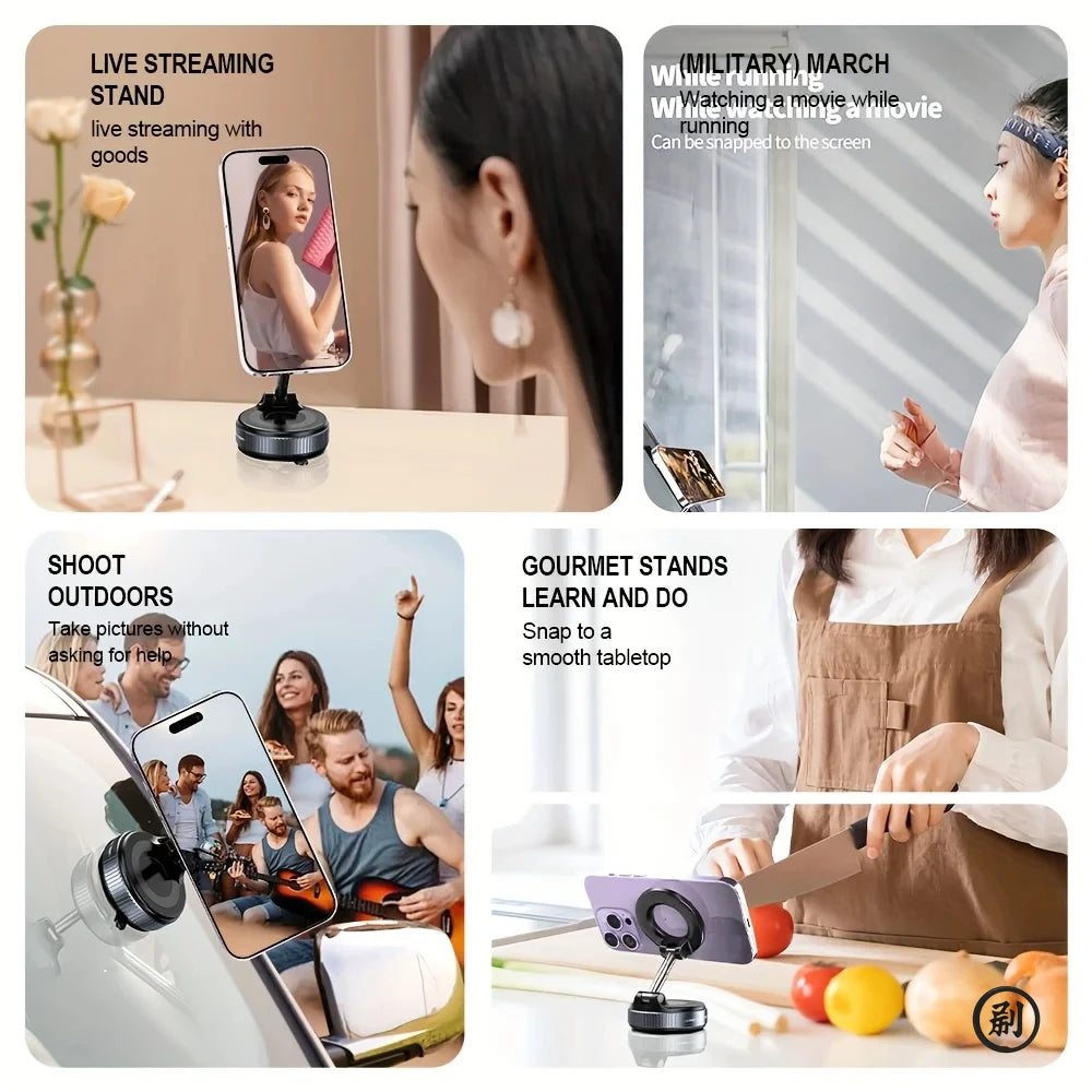 Foldable Magnetic Vacuum Phone Holder | 360° Adjustable Mount for Car Desk Bathroom Gym Mirror
