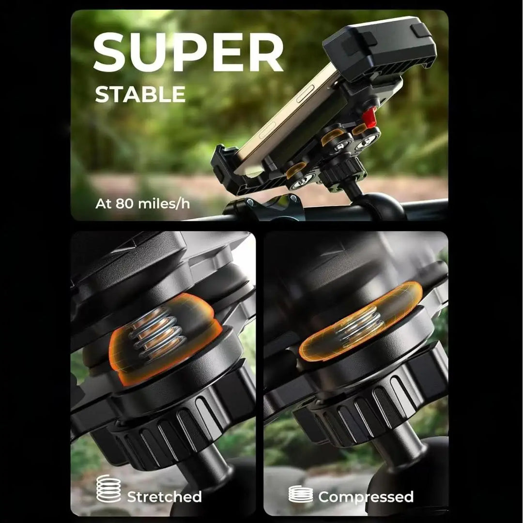 Anti-Vibration Bike Phone Mount – 360° Shock Absorber Handlebar Clamp