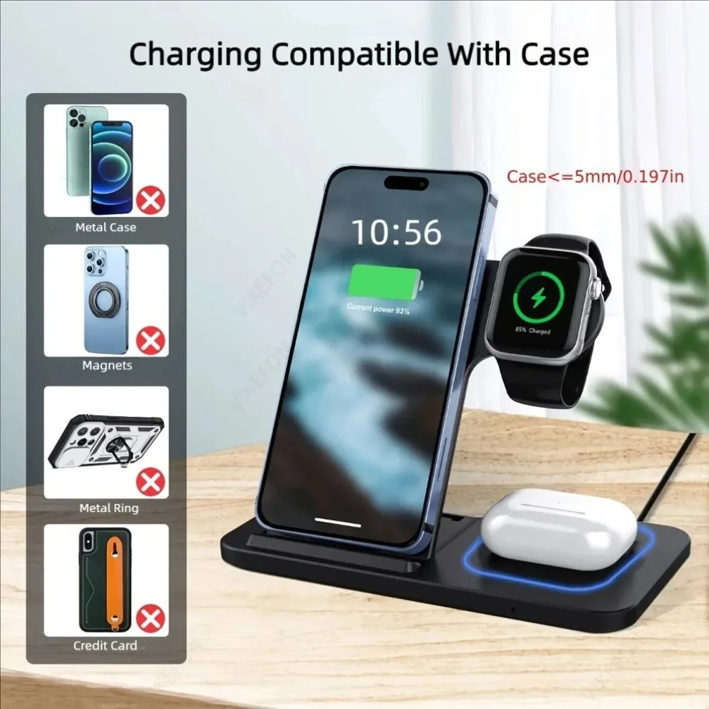 VIKEFON 3 in 1 Foldable Wireless Charging Station | 15W Fast Charger for iPhone 17 iWatch AirPods