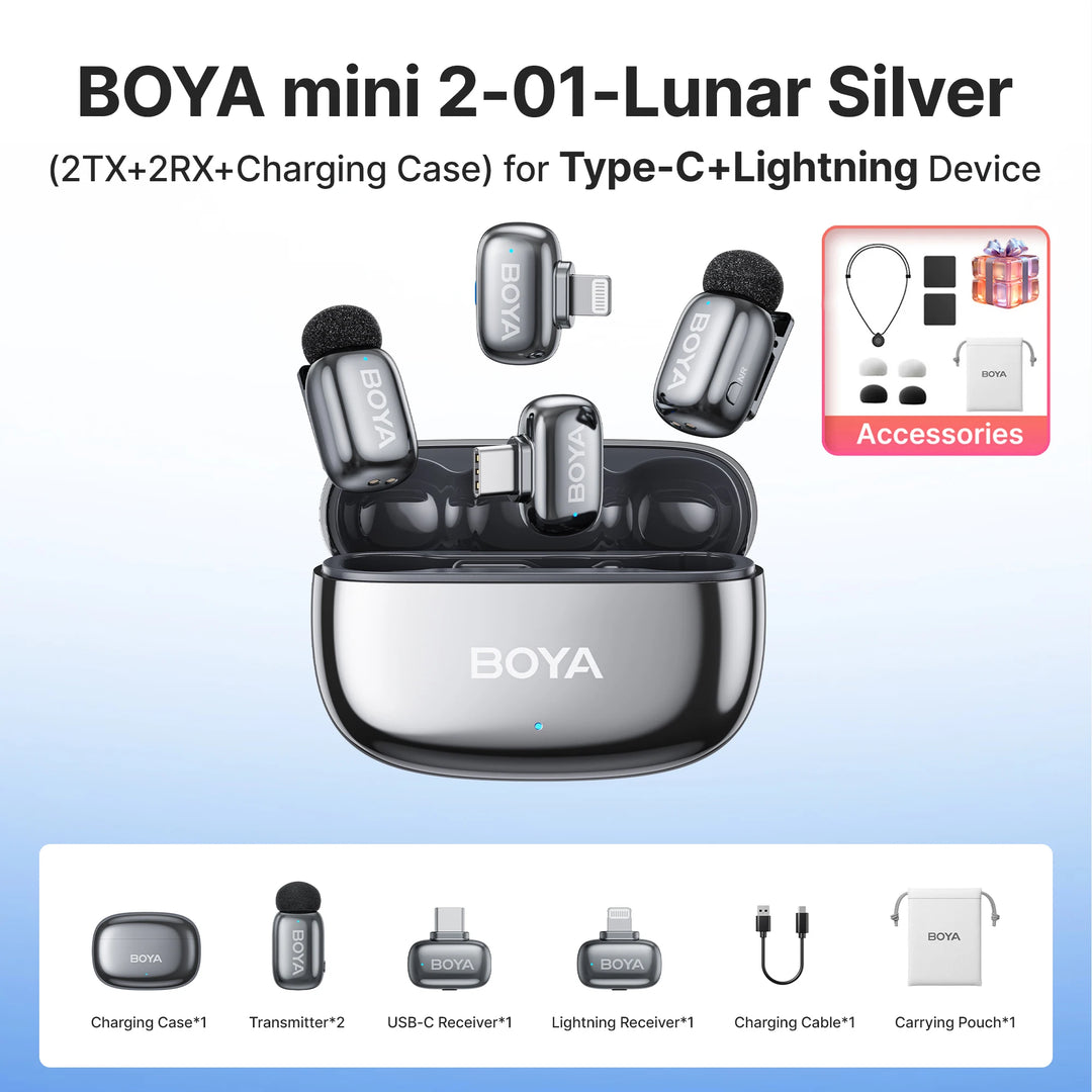 BOYA Mini 2 Wireless Lavalier Mic | AI Noise Cancellation 24-Bit for iPhone Android
