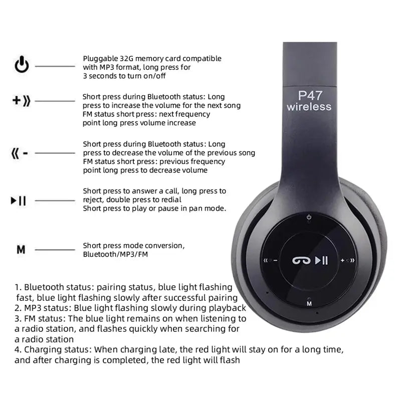 DUTRIEUX Bluetooth 5.0 Foldable Over-Ear Headphones with Microphone and SD Card Slot