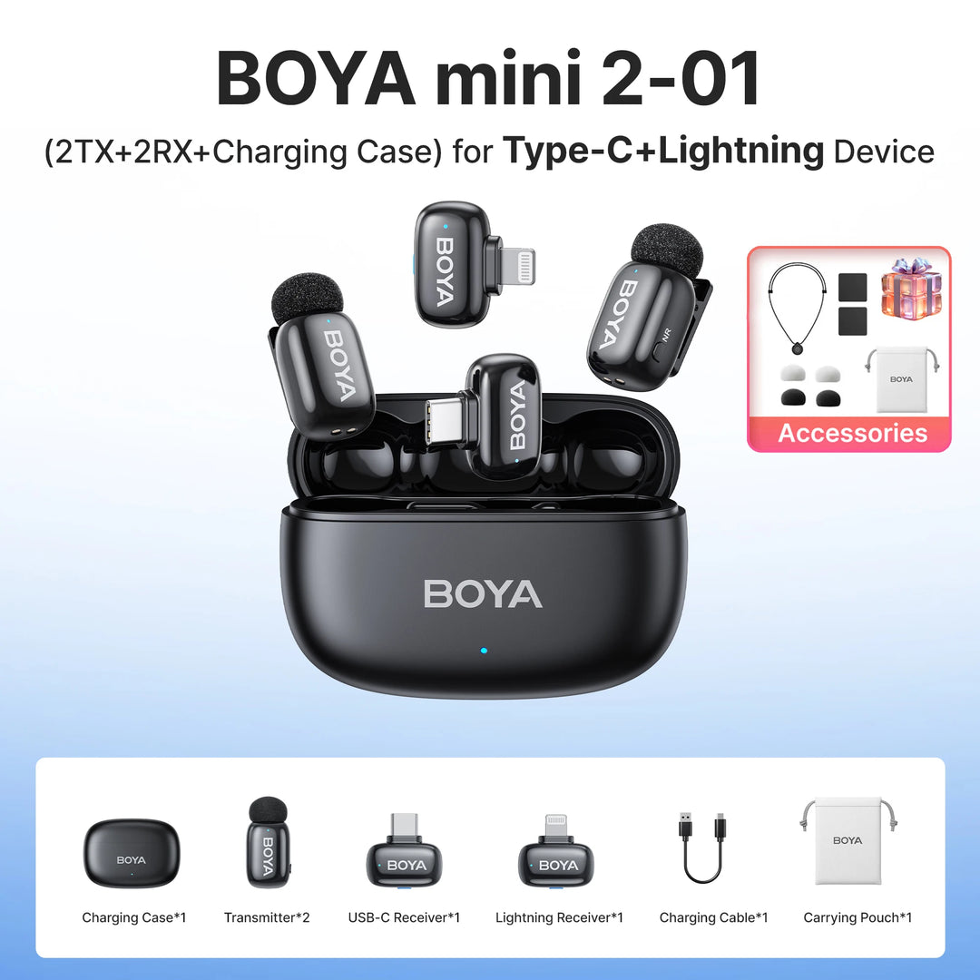BOYA Mini 2 Wireless Lavalier Mic | AI Noise Cancellation 24-Bit for iPhone Android