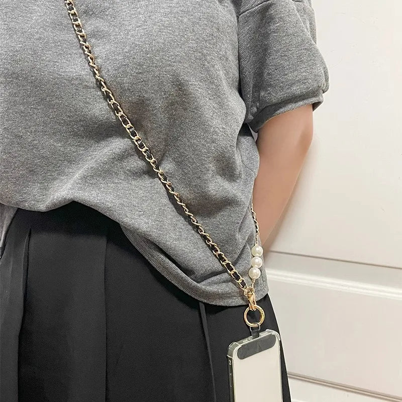 Pearl & Leather Phone Crossbody Strap — pearl phone crossbody strap