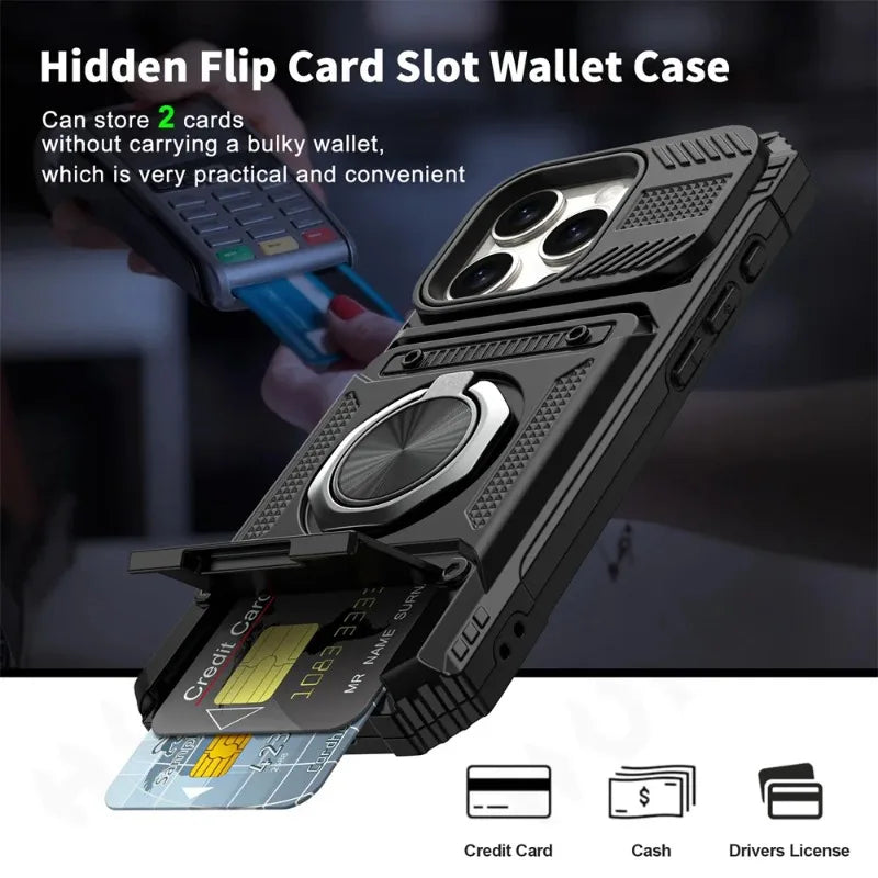 Heavy Duty Magnetic Ring Kickstand Wallet Case with Magsafe & 360° Stand