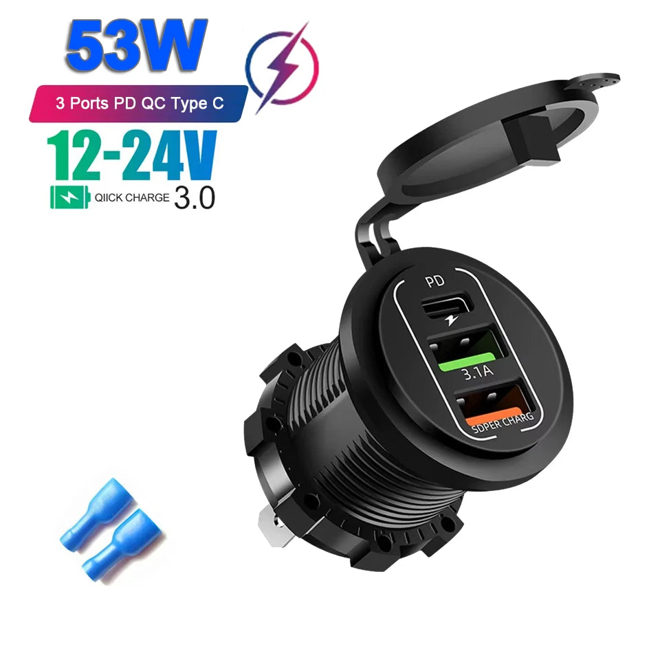 96W 4-Port Car Charger Socket, Dual USB-C & QC3.0 12V/24V
